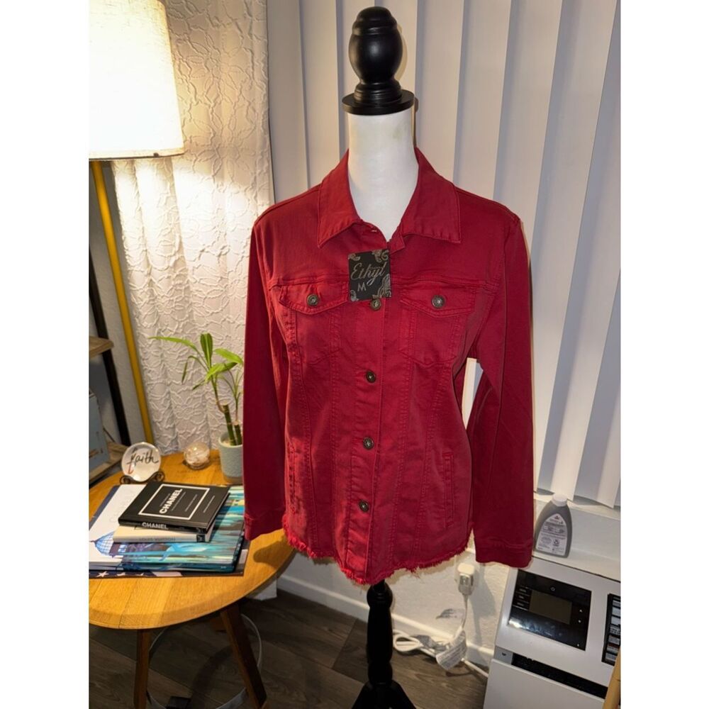 Red Button-Up Denim Jacket - Picture 2 of 13